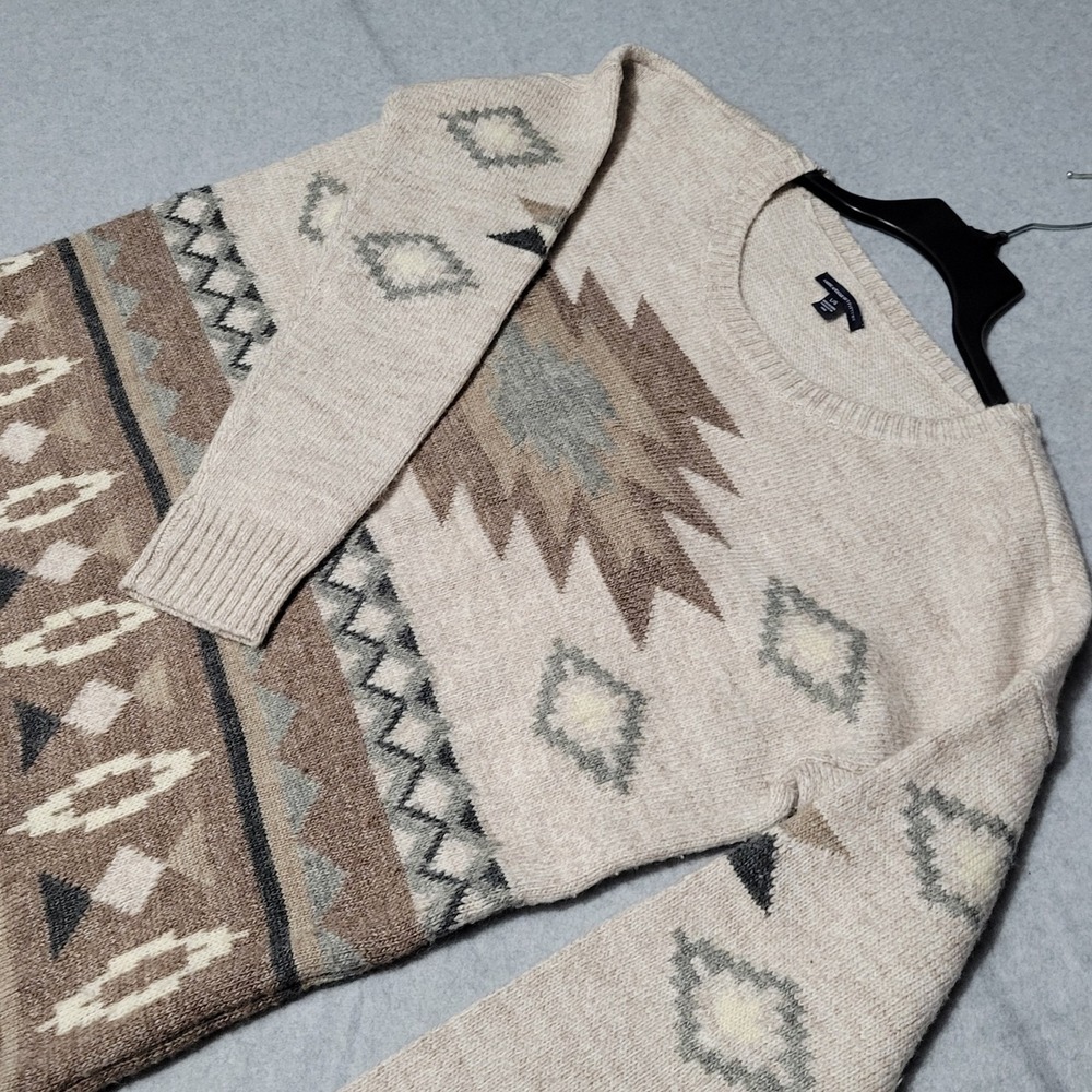 American Eagle Outfitters Womens L Aztec Wool Blend Crewneck Sweater Beige